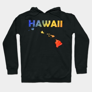 Colorful mandala art map of Hawaii with text in blue, yellow, and red Hoodie